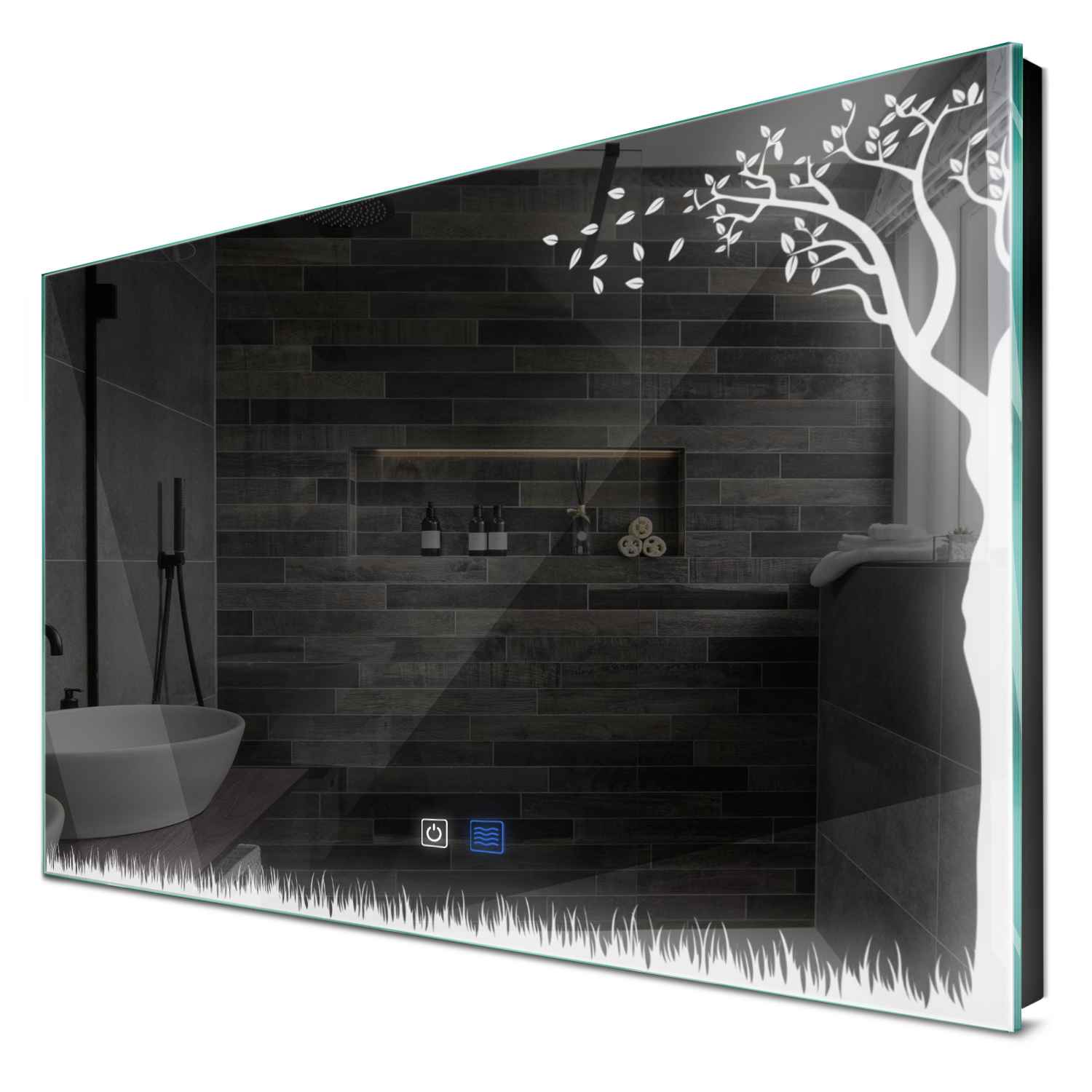 Oglinda LED orizontala cu lumina LED rece Gama Good Vibes Model 8 cu butoane touch si dezaburire - Reyze